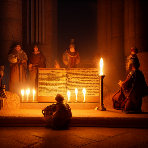 Flynn studies ancient texts with a group of knights, illuminated by the light of flickering torches.